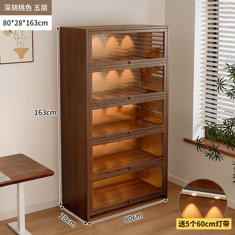 Librería de madera maciza a prueba de polvo integrada contra la pared Armario de almacenamiento de color nogal Armario de almacenamiento Armario de piso Estantería para el hogar