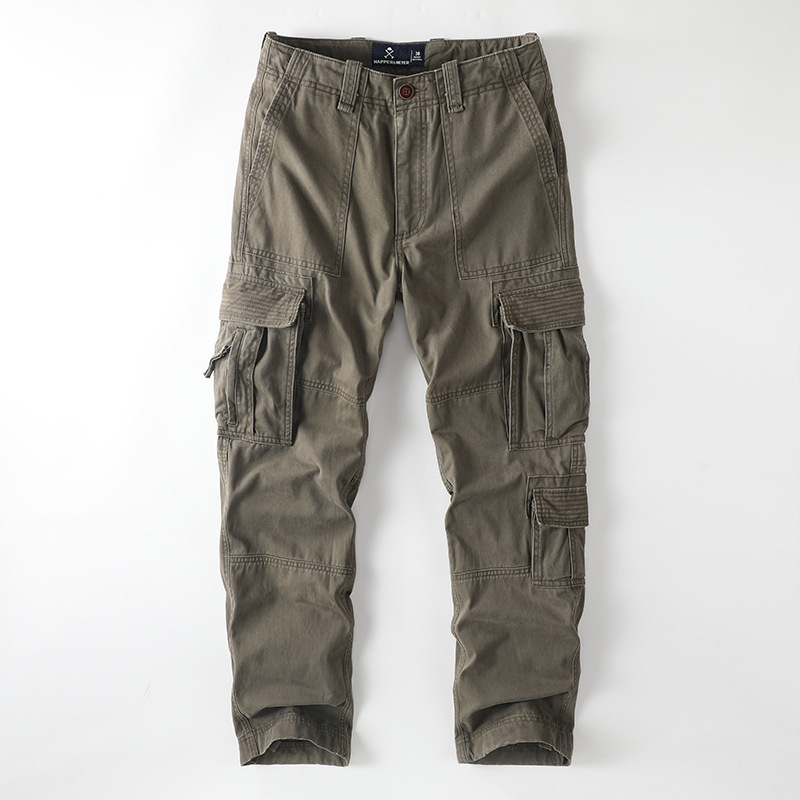 American Retro Cotton Workwear Men's Pants with Multiple Pockets, Casual Loose Straight-Leg Plus-Size Long Pants, Outdoor Jogging Pants