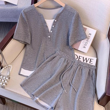 胖mm遮肚藏肉套装大码女显瘦韩版夏季炸街短袖T恤百搭短裤两件套