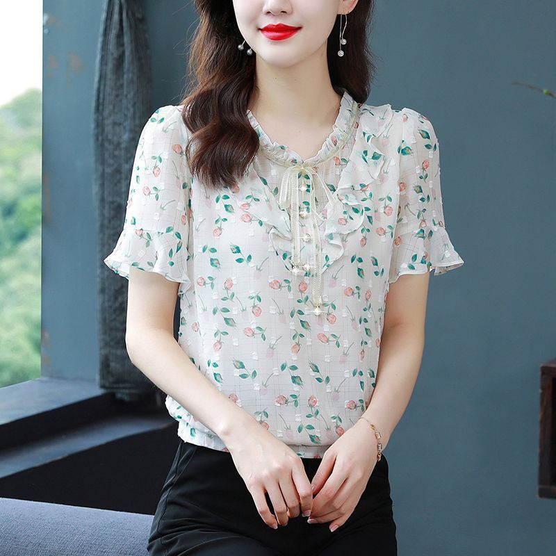 2025年新作夏の花柄シフォンシャツ、おしゃれで万能なママ向け半袖トップス、年齢を減らし、スリムでスタイリッシュなシャツ|undefined