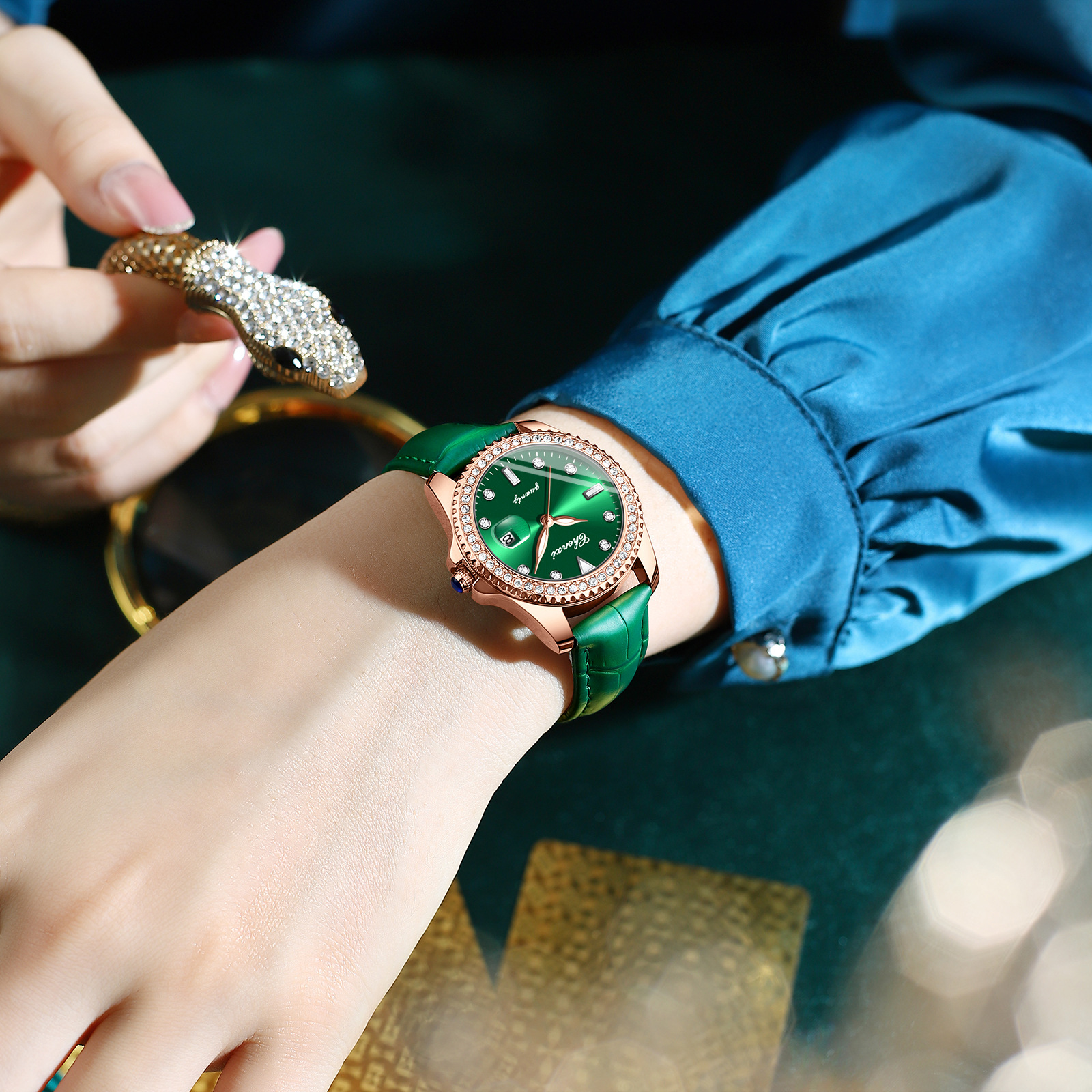 CHENGXI Chenxi 385 reloj de cuarzo redondo de moda para mujer impermeable creativo cinturón de acero moda pequeño reloj verde reloj