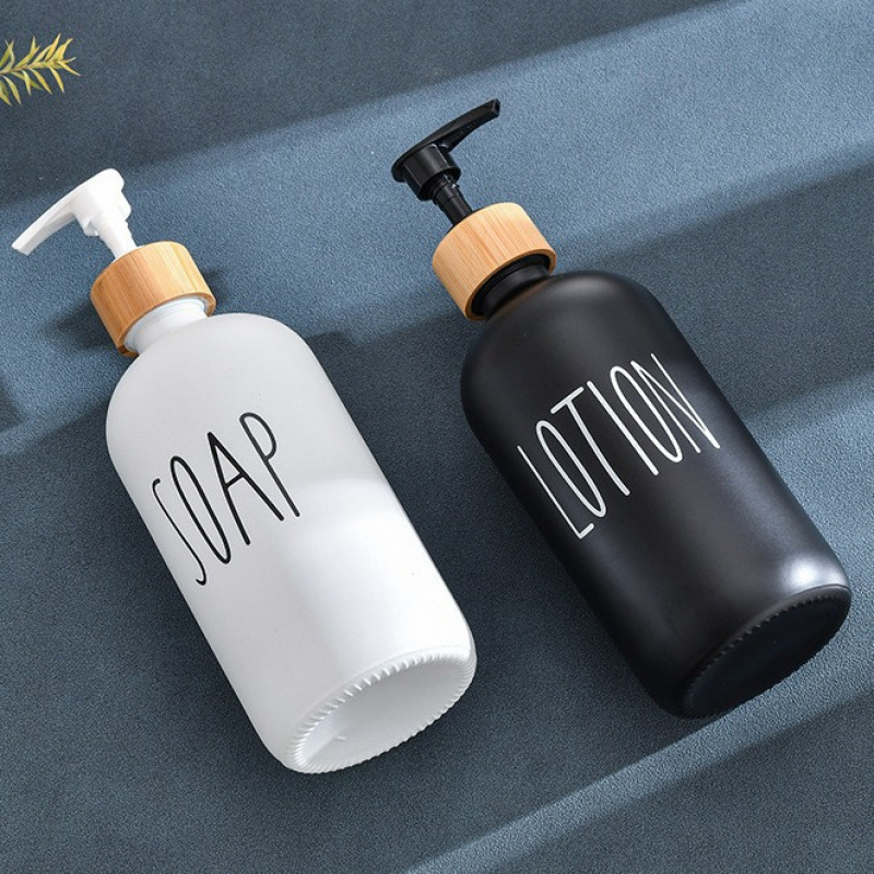 现货跨境16oz沐浴露洗手液洗发水竹木泵头分装瓶黑白波士顿玻璃瓶