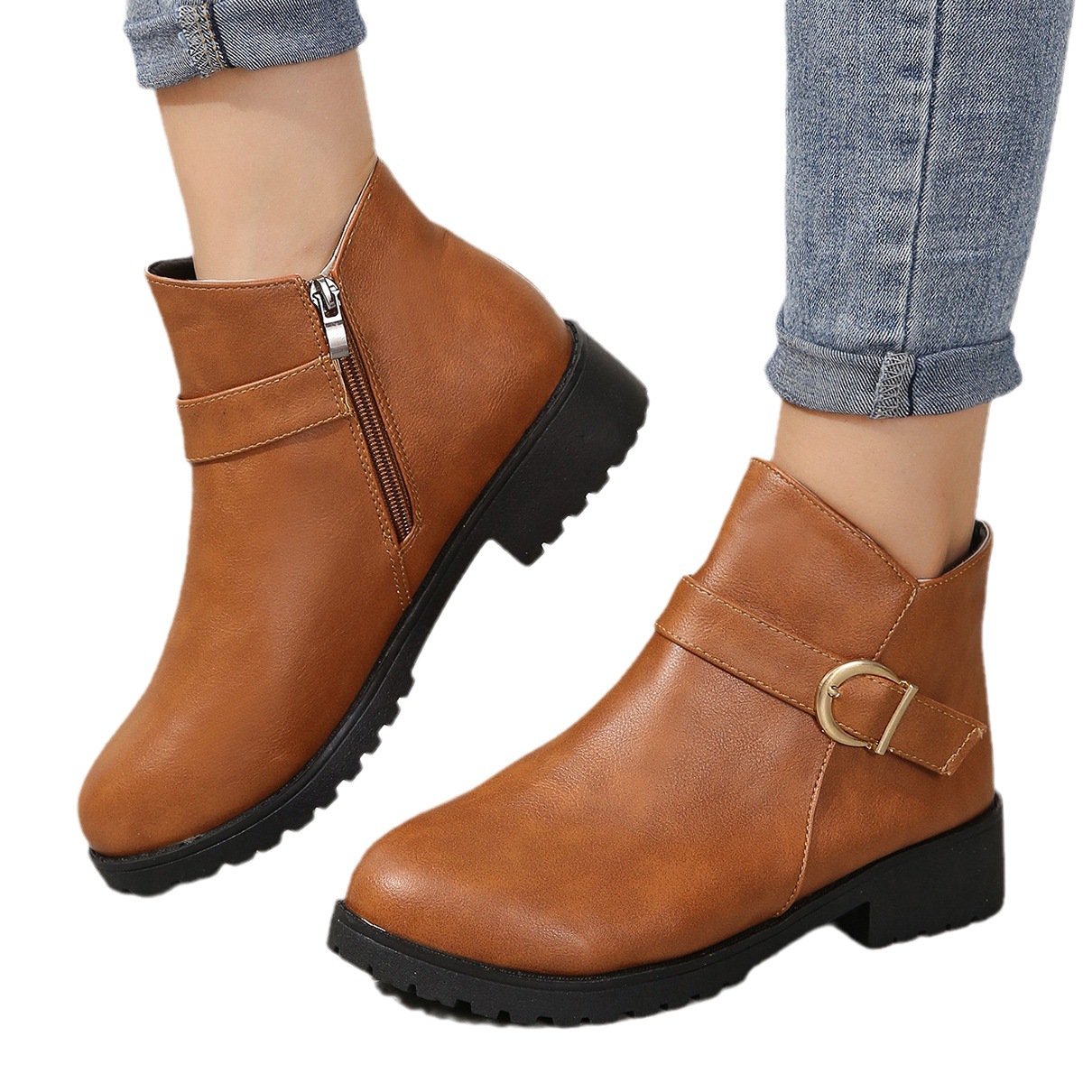 ShoeVault Autumn Winter New Export Large Size Ladies Round Toe Side Zipper Thick Heel Short Fashion Boots European American Style_voghion.com