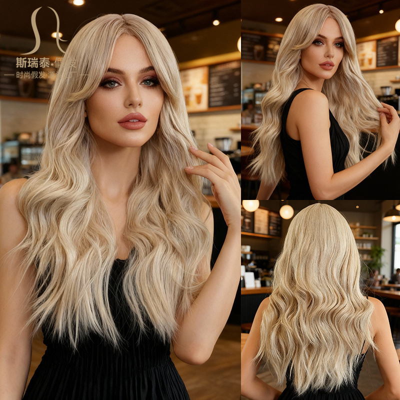 Exported High-Quality Synthetic Fiber Wig, Popular in the United States, Light Gold, Middle Parted, Waist-Length 60cm Long Curly Wig