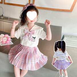 女童卡通学院风夏装套装中大童夏季新款格子卡通短袖上衣下裤套装