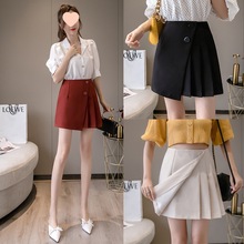 2021春装半身裙a字裙ins风百褶短裙女高腰裙裤不规则短裤裙子红色