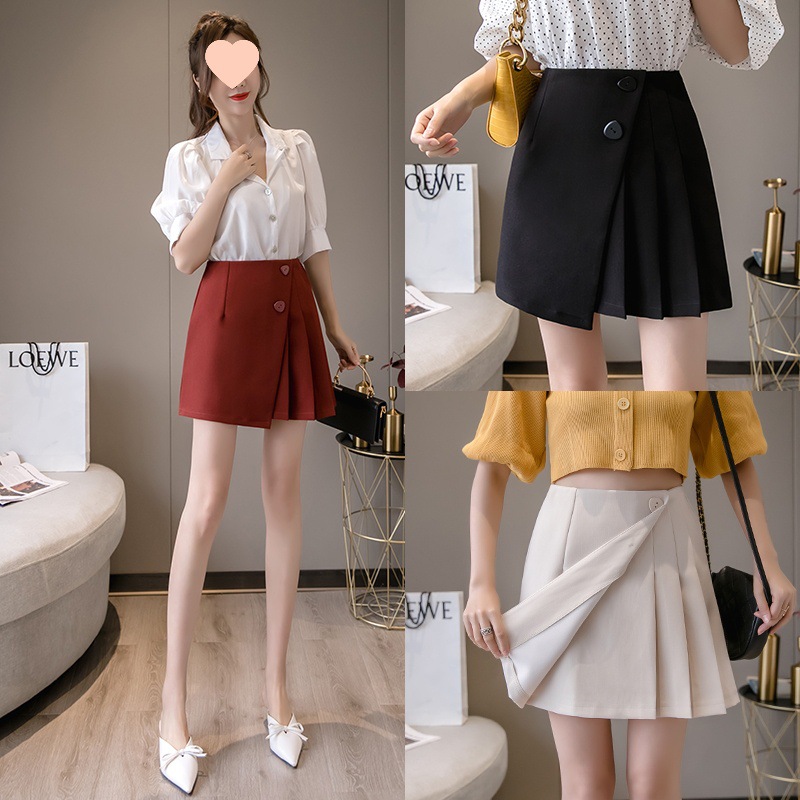 2021春装半身裙a字裙ins风百褶短裙女高腰裙裤不规则短裤裙子红色