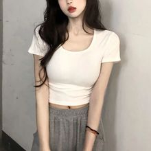 辣妹性感短款圆领T恤女夏季新款紧身露肚脐纯欲时尚正肩短袖上衣