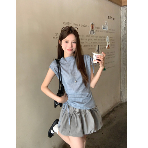 Blue French stripe drawstring strap shirt for women 2025 summer new sweet style trendy sleeveless top