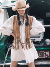 春夏新款欧美风披肩 麂皮绒流苏马甲外套 女士无袖短款马夹上衣