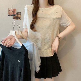 2025 New Summer Style Lapel Cool Ice Silk Breathable Knitwear Women's Large Size Simple Loose Versatile Top