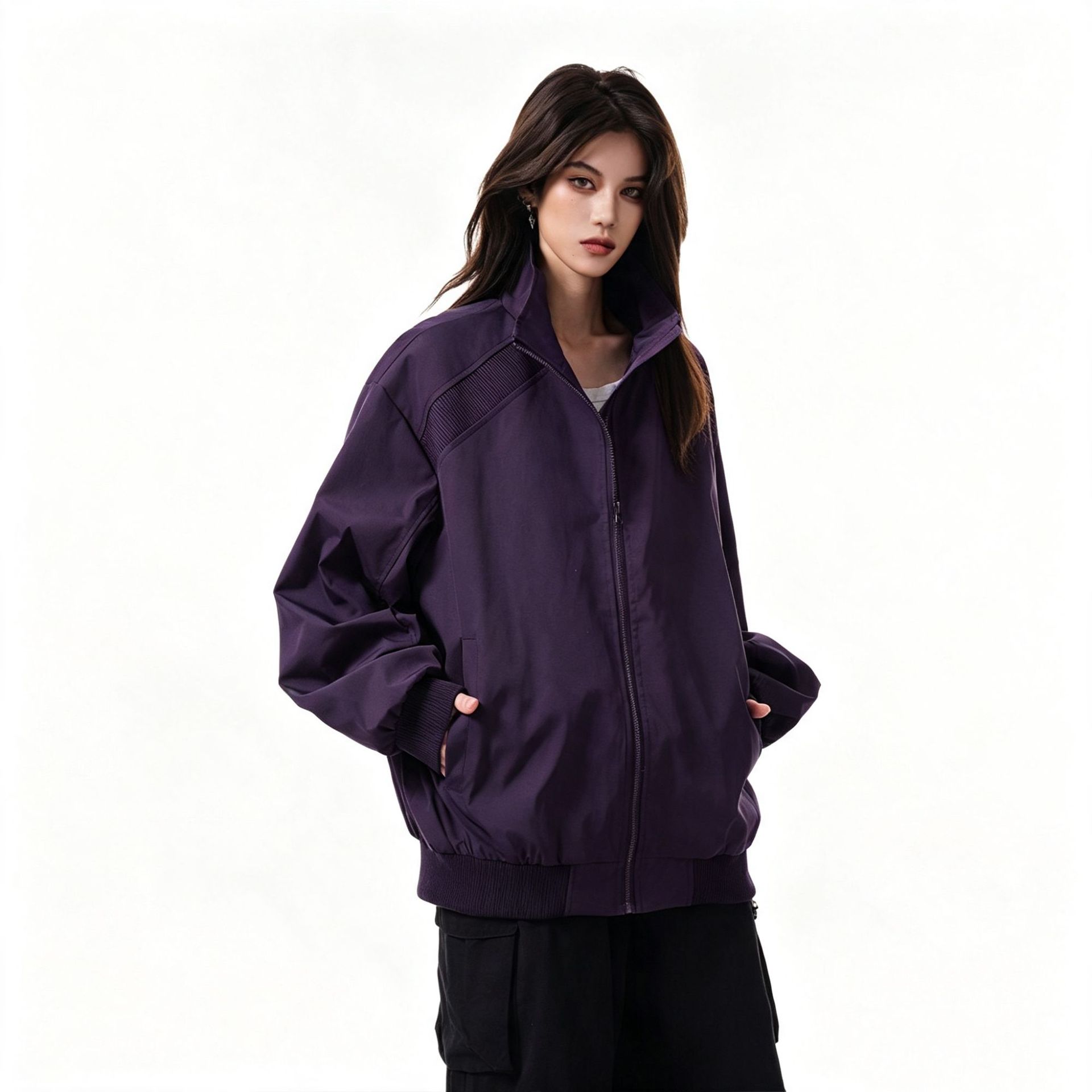 Purple deconstructed patchwork stand collar jacket for women and men, spring and autumn trendy fashion high-end sporty bomber jacket