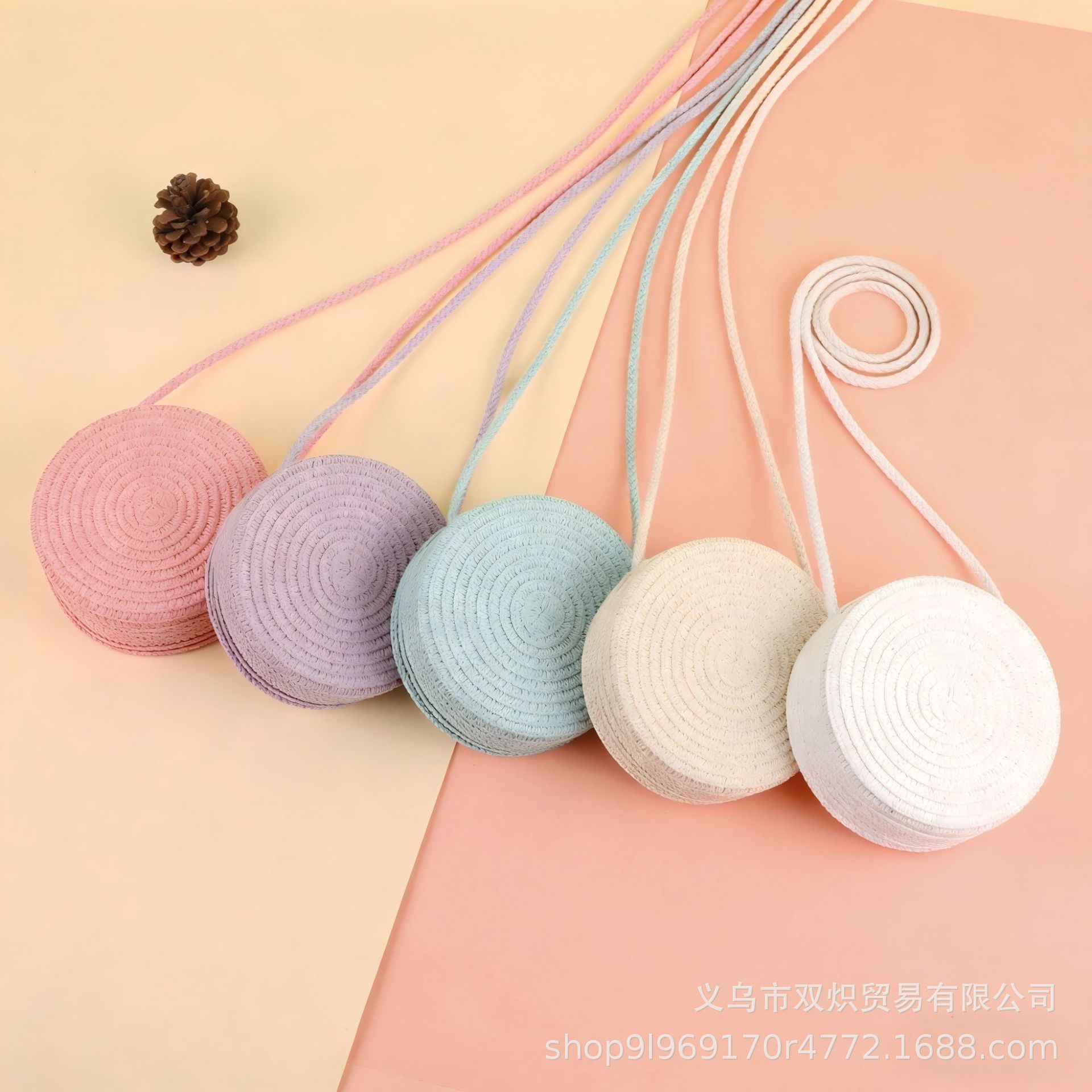 DIY Summer Cute Straw Bag Round Woven Bag Seaside Resort Beach Straw Small Round Bag Mobile Phone Bag Crossbody Bag