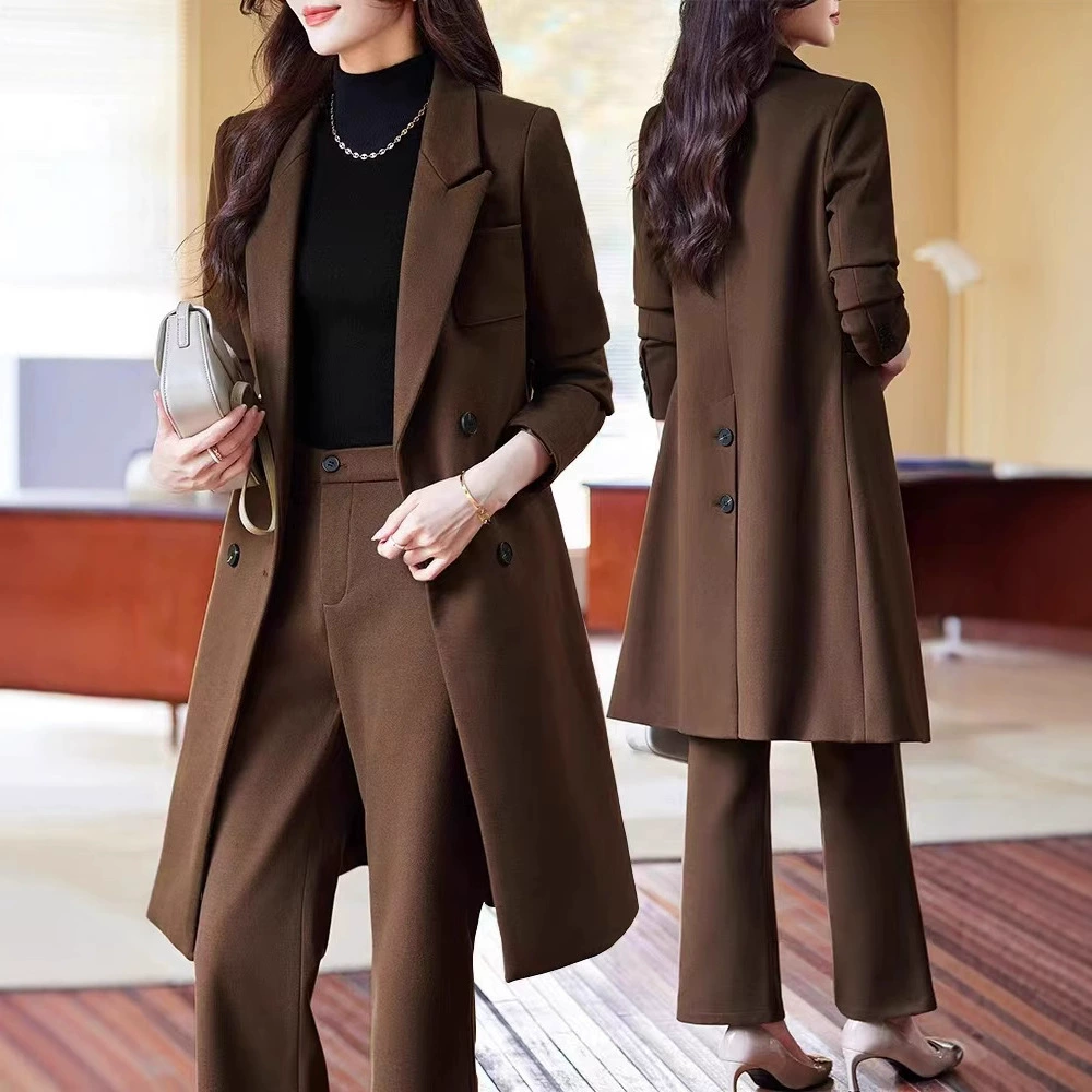 Профессиональный костюм женский костюм среднего и длинного цвета карри рабочая одежда осень-зима новый темперамент высокого уровня шерстяной плащ