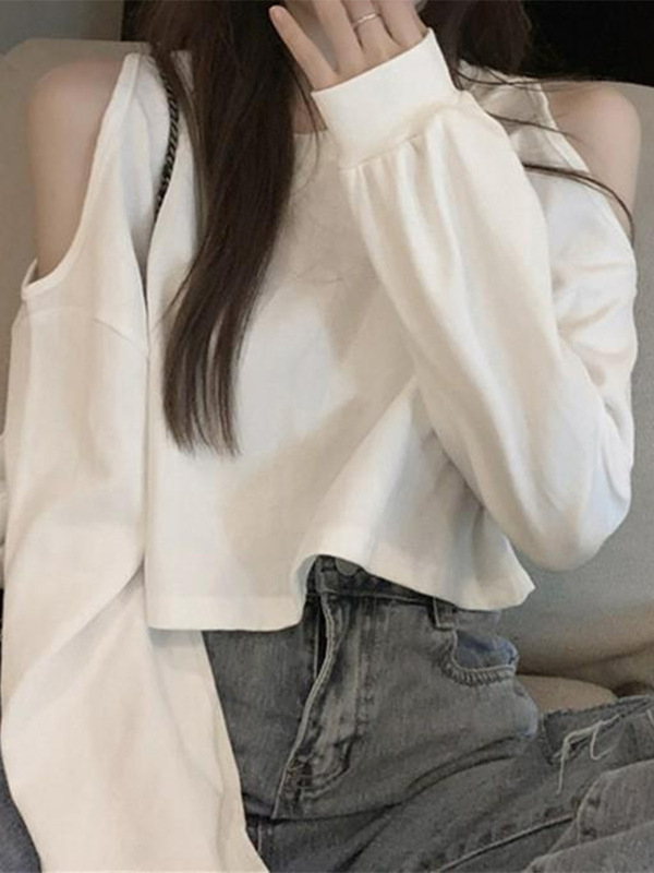辣妹设计感别致独特露肩短款长袖卫衣女春秋薄款宽松时尚百搭上衣|undefined