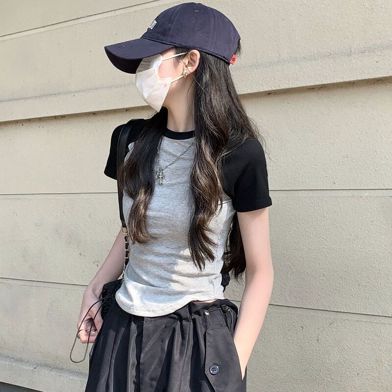 2025 Summer Irregular Raglan Sleeve T-Shirt Women's New Short Sleeve Design Student Short Slim Fit Top