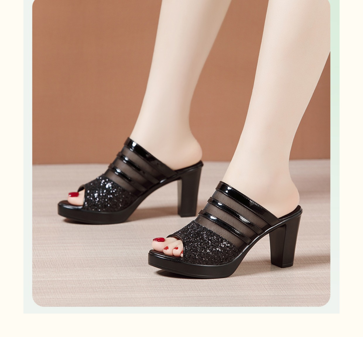Dép sandal nữ hở mũi da mềm đế dày gót thô 8 cm — Trắng 8cm, Màu đen 8cm chi tiết 7
