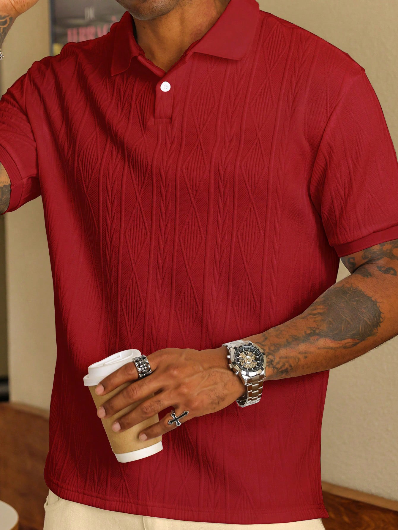 Polo de textura de hombre transfronterizo europeo y americano Camiseta suelta de manga corta de verano Top Amazon temu shein