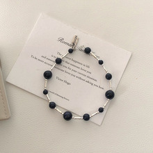 S925银蓝砂石竹节串珠手链幸运字母吊坠小众韩国代购同款高级感女