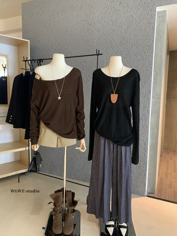 WGWE秋季新中式纹理慵懒松弛感百搭宽松一字肩圆领针织衫女W7265|undefined