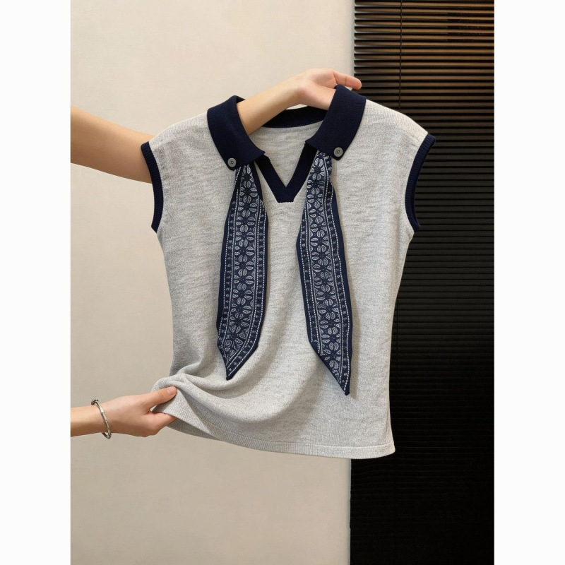 Korean-Style Silk Scarf Polo Collar Sleeveless Knit Top for Women, Summer 2026 New Design, Unique and Beautiful Top