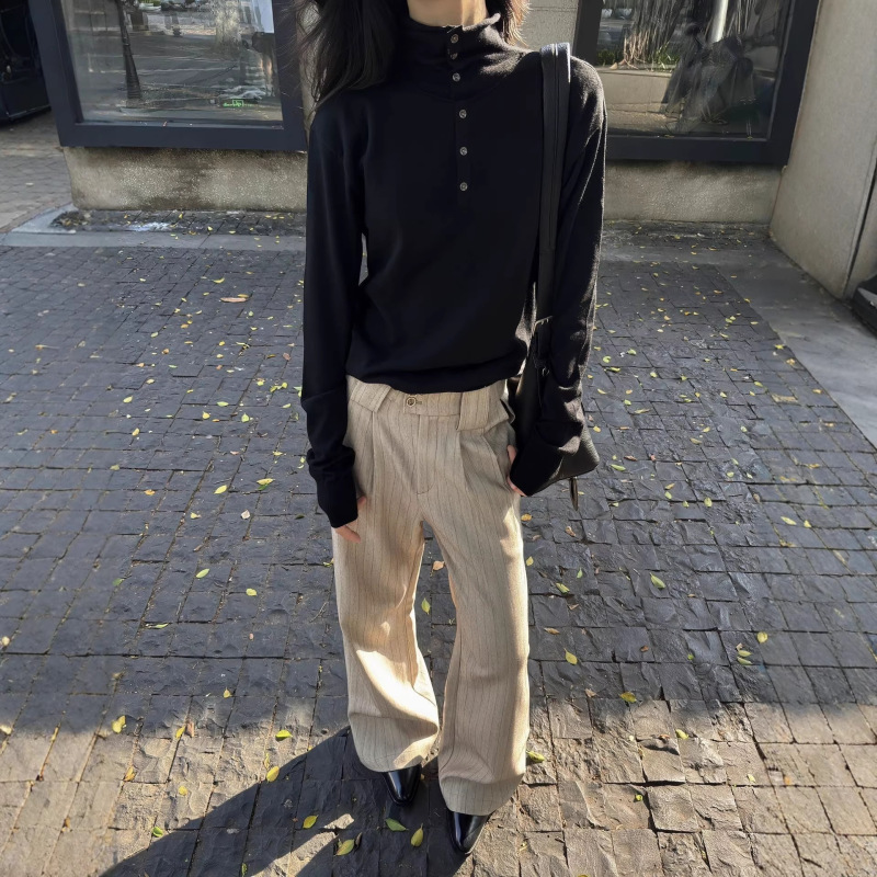 Korean "Jing" Old Money Style Wool Blend Skin-Friendly Double-Layer Buttoned Rolled Collar Long-Sleeve Sweater Autumn/Winter Base Layer Top Korean "Jing" Old Money Style Wool Blend Skin-Friendly Double-Layer Buttoned Rolled Collar Long-Sleeve Sweater Autumn/Winter Base Layer Top