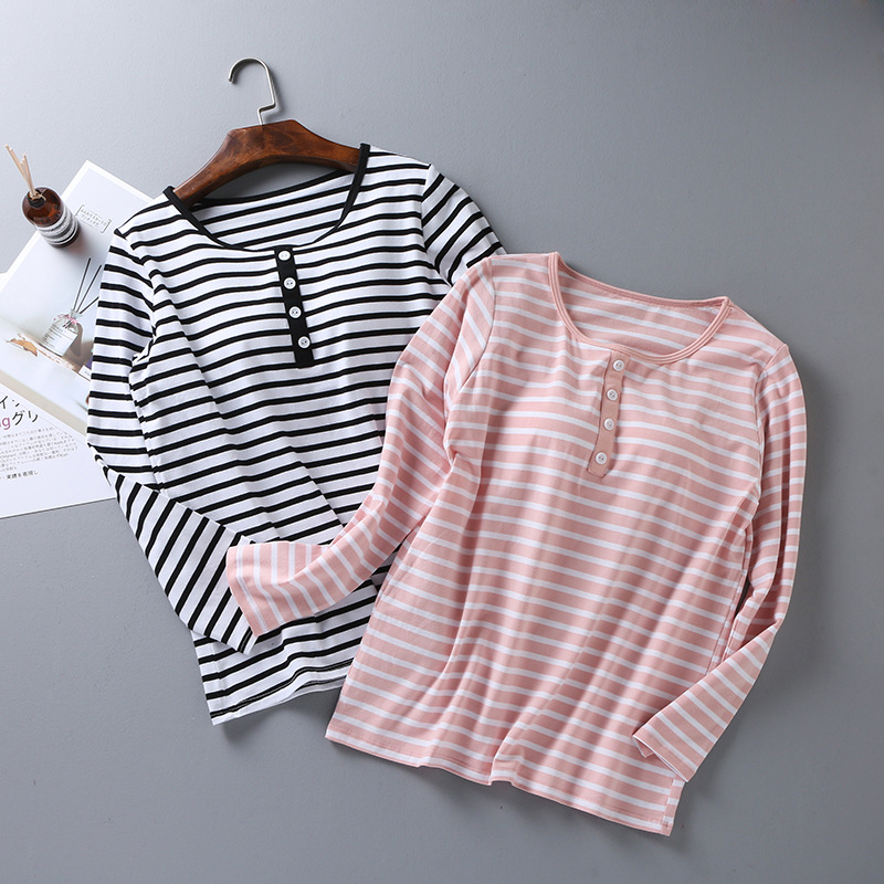 Long-sleeved Home Clothes with Chest Pad Women's Round Neck Striped Pajamas for Autumn and Winter Wear-free Bra Underwear Cup All-in-one Underwear