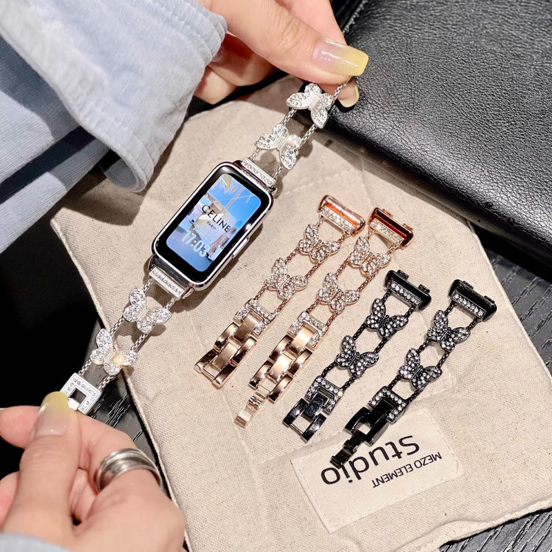 Suitable for Huawei Bracelet 10 Watch Strap Women's Metal Butterfly Diamond Chain Wristband Huawei 8/9Watch Watch Strap