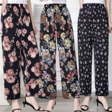 Middle-aged and Elderly Ice Silk Pants Summer Thin Women's Cropped Pants Mother's Flower Pants Elastic Loose plus size Straight Casual Women's Pants