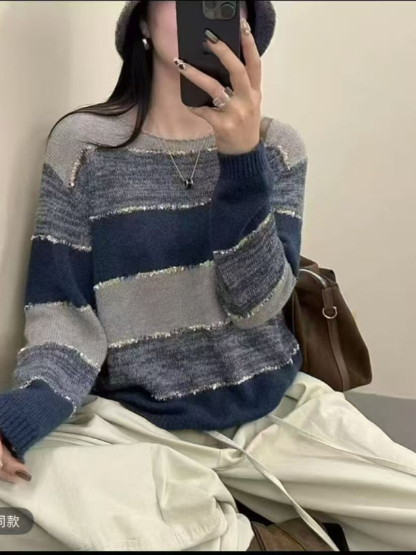 高级感撞色套头羊毛针织衫女装秋冬韩版宽松休闲风女上衣毛衣X|undefined