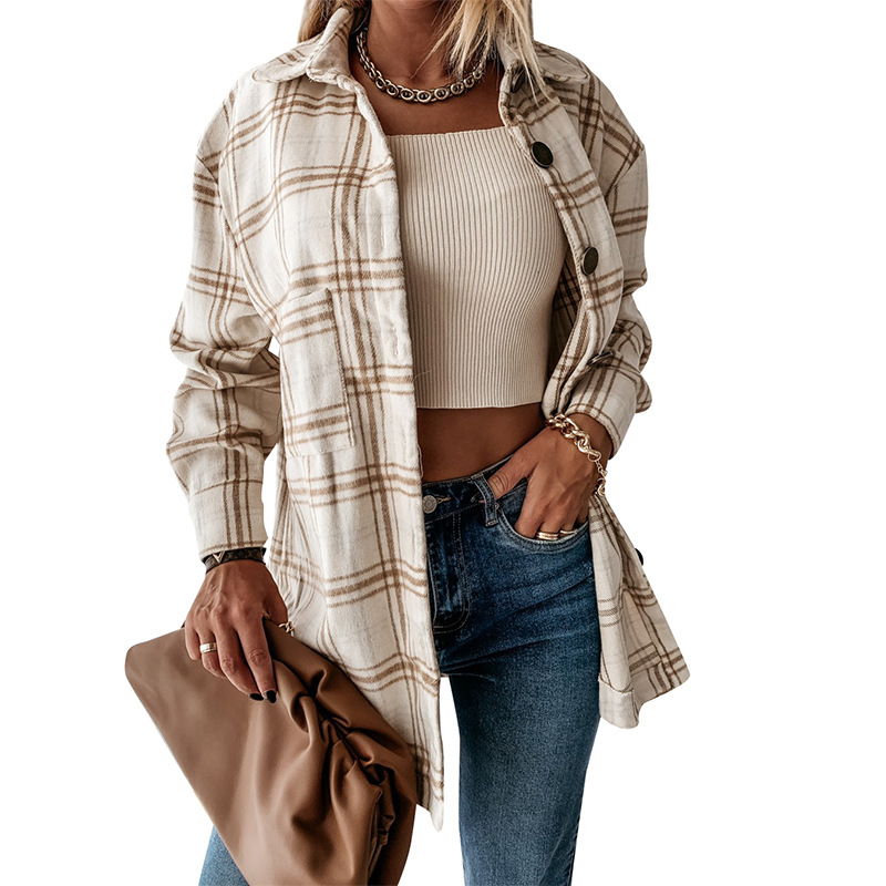 Dames geruit overhemd buitenlandse handel dames herfst en winter nieuwe losse lange wollen damesjas_voghion.com