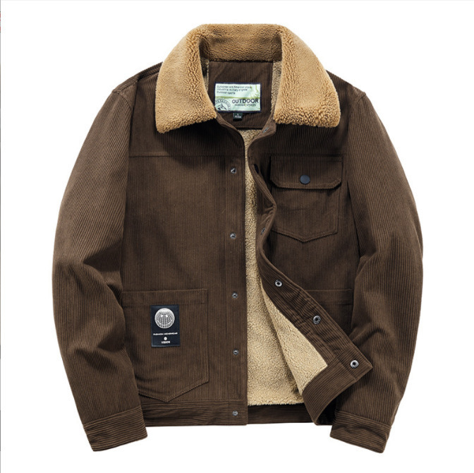 fleece-lined men's jacket new winter thick warm solid color lapel casual coat multi-pocket plus size men's clothing