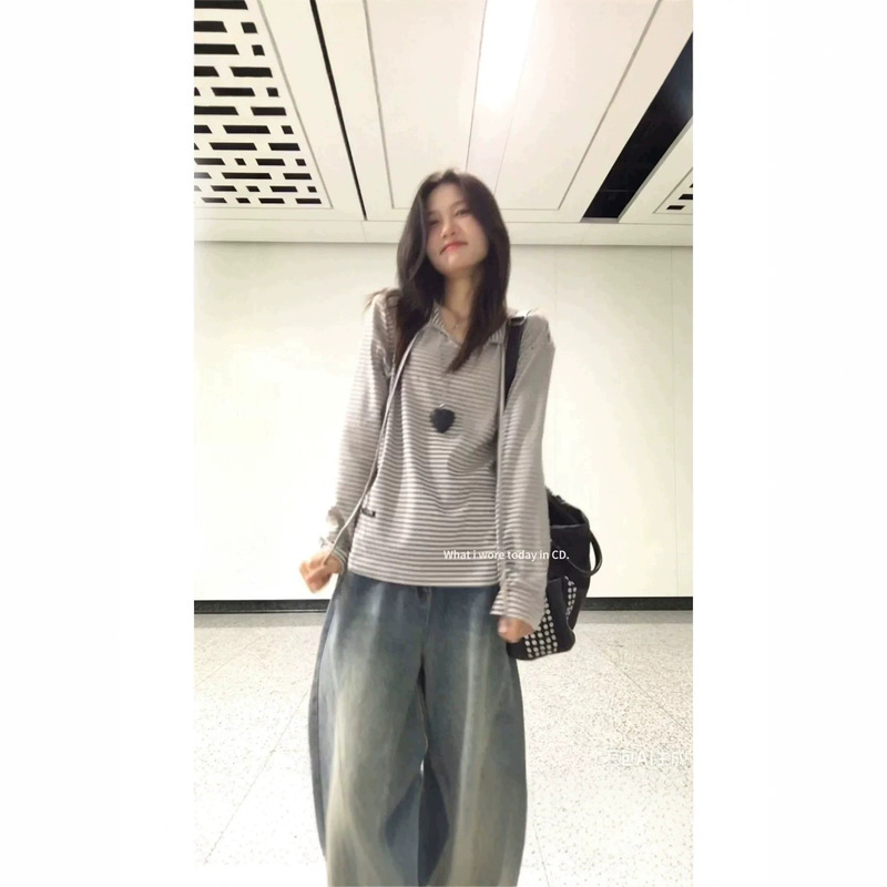 Striped long-sleeve top for female students, new spring and autumn style, unique design, versatile base shirt, trendy T-shirt Striped long-sleeve top for female students, new spring and autumn style, unique design, versatile base shirt, trendy T-shirt