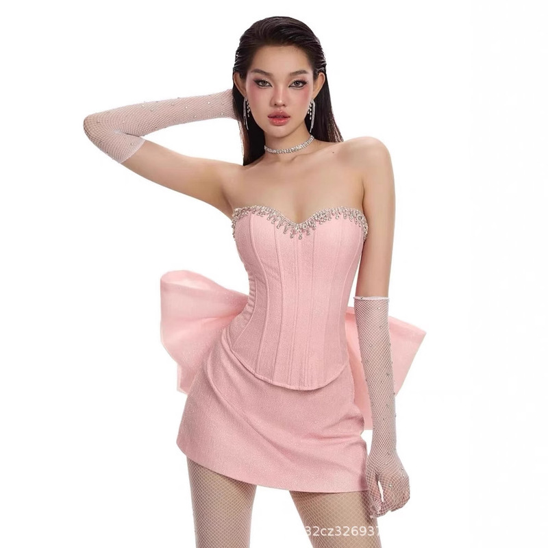 Pink Chanel Style Bow Strapless Dress Women's Korean Style Atmosphere Wearing Dress for Small Birthday Dress
