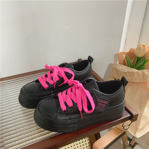 Autumn Korean Style Versatile Fashion PU Leather Canvas Flat Shoes for Women, Harajuku Hong Kong Style Casual Women's Shoes for Dropshipping