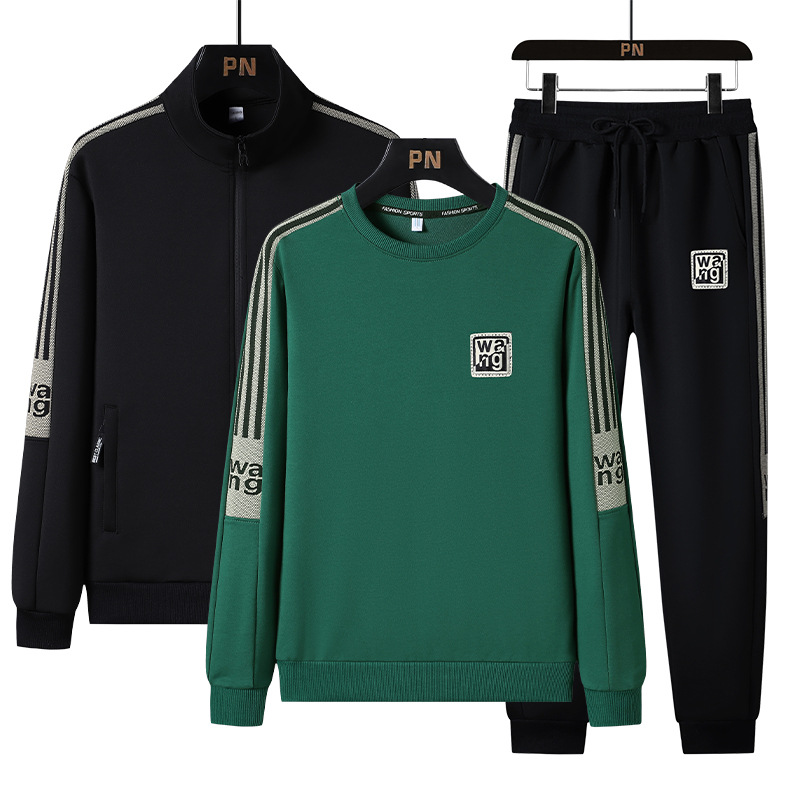 New Suit Men's Spring and Autumn Leisure Sports Running Plus Velvet Suit Men's Cardigan Sweater Jacket Sweater Pants Three-Piece Suit