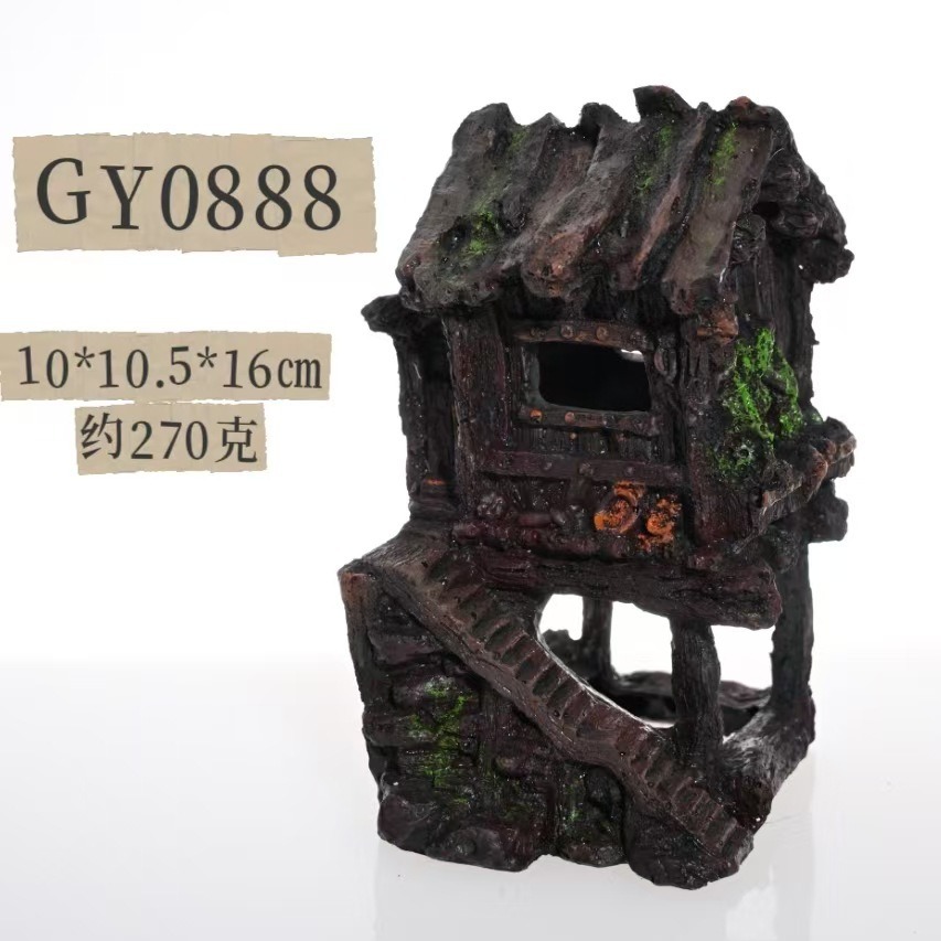 Decoración de paisajismo de pecera Casa de madera en ruinas, pescado y camarones, casa de refugio, decoración lúdica, ático, fábrica de joyas de acuario