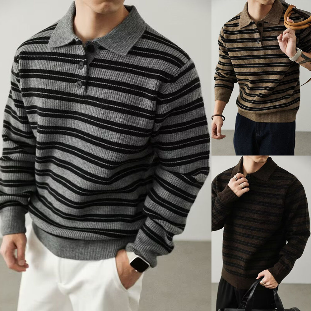 Polo camiseta de puntada suéter hombre rayas retro viejo estilo de negocios de otoño y invierno comercio exterior transfronterizo al por mayor