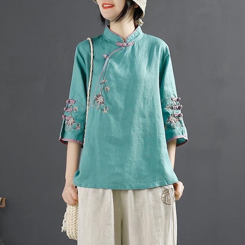 2025 New Chinese Style Vintage Cotton and Linen Shirt Women's Spring and Summer Chinese Style Vertical Collar Buckle Top Slant Placket Embroidered Tea Clothes 2025 New Chinese Style Vintage Cotton and Linen Shirt Women's Spring and Summer Chinese Style Vertical Collar Buckle Top Slant Placket Embroidered Tea Clothes