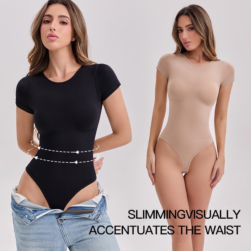 Transfronterizos europeos y estadounidenses delgados cintura cintura abdominal apertado sin costura manga corta T estilo americano pantalones de cuerpo en forma de cuerpo unido