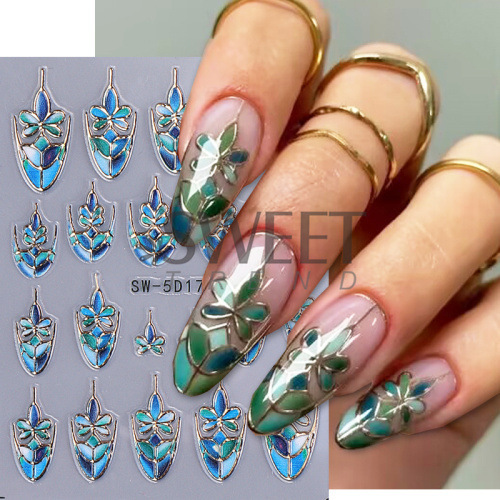 Cross-border new 5D embossed nail art stickers ins vintage three-dimensional flower totem adhesive nail stickers wholesale nail