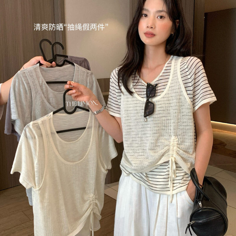 Lemon Green Tea 2026 Summer Drawstring Sun Protection Design Striped Faux Two-Piece Bamboo Knit Short Sleeve Women's Top
