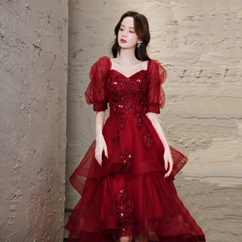 Bride's Toast Dress 2026 New Autumn and Winter Burgundy Wedding Dress with Puff Sleeves, Off-Shoulder Runaway Princess Gown Evening Dress Bride's Toast Dress 2026 New Autumn and Winter Burgundy Wedding Dress with Puff Sleeves, Off-Shoulder Runaway Princess Gown Evening Dress