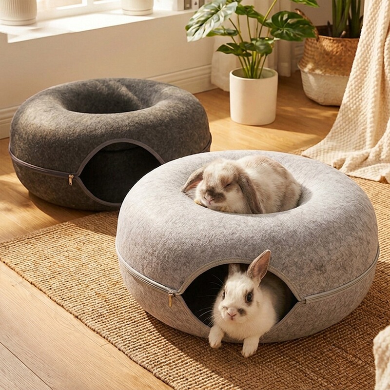 Donut-Shaped Felt Tunnel Bed for Sleeping and Playing, Integrated Dog Bed, Cat Bed, Rabbit Bed, Safe Hideaway House for Small and Medium-Sized Dogs