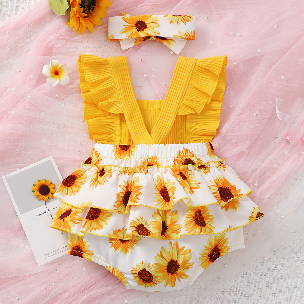 Cute Sunflower Printing Polyester Baby Rompers display picture 2