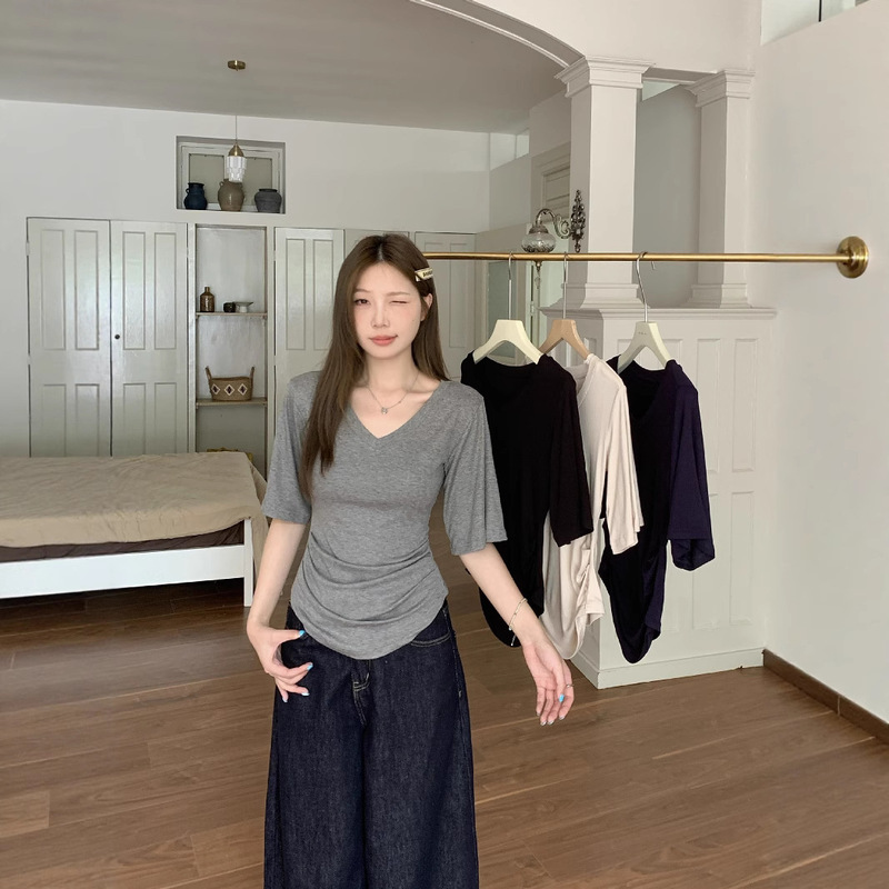 Navy Blue V Neck Right Shoulder Short-Sleeved T-Shirt for Women 2025 Summer Large Size Fat mm Asymmetrical Waist Slimming Look Swing Sleeve Top