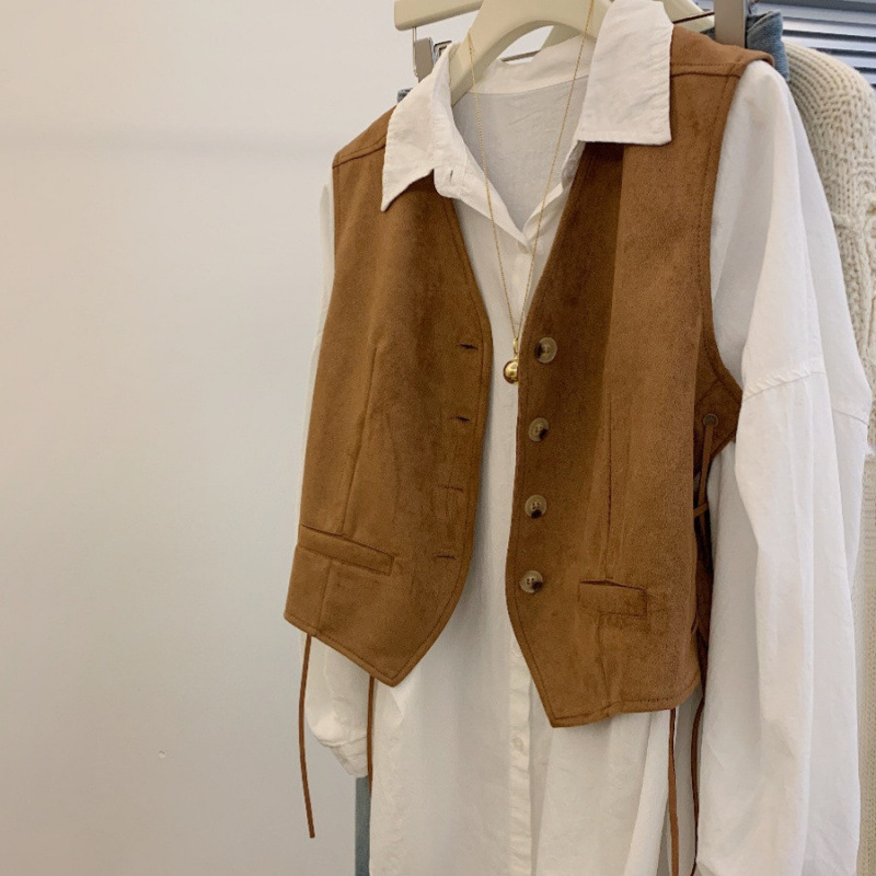 Vintage Suede Heavy-Duty Vest for Women, Spring and Autumn, Melard Style, V-Neck, Tie-Up, Short Layered Single-Breasted Vest