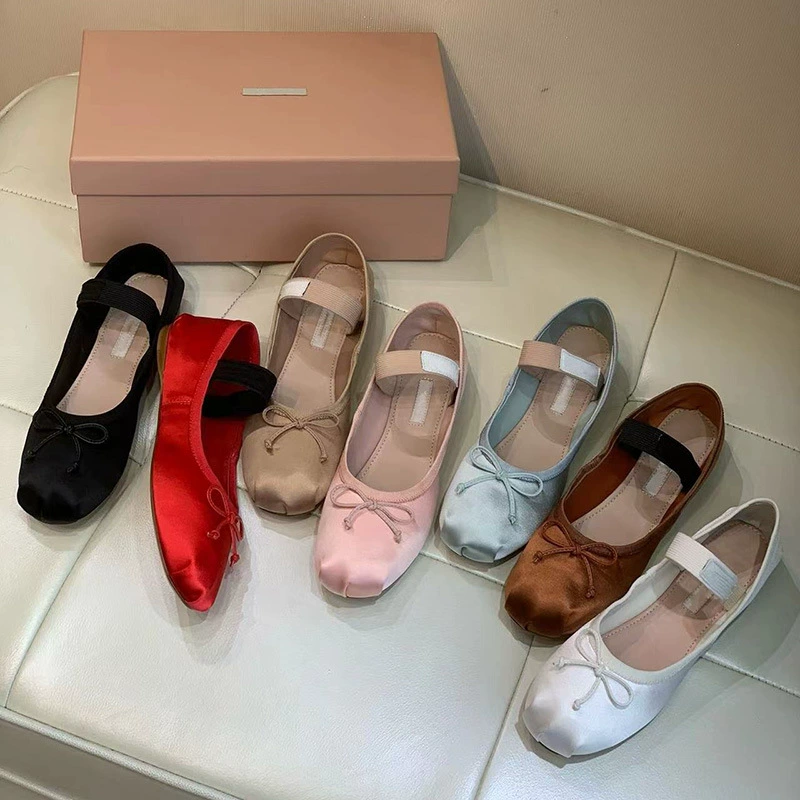 Высокая версия ~ балетные туфли MIU Family Bow Dance Shoes Bow Satis Silk Flat Flat Vintage Retro Word Mary Zhen одиночные туфли женские