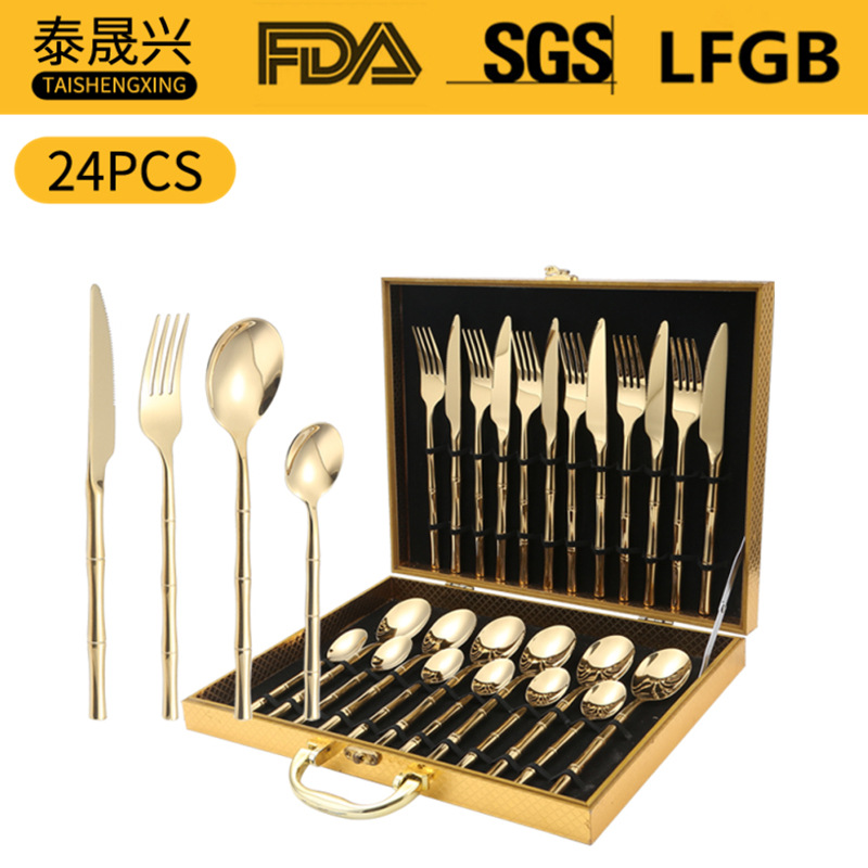 Amazon transfronterizo 304 vajilla de acero inoxidable 24 unidades traje bambú cuatro principal Caja de regalo cuchillo tenedor cuchara traje