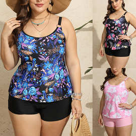 欧美大码新款保守遮肚多色印花平角裤式温泉海滩户外比基尼泳衣女